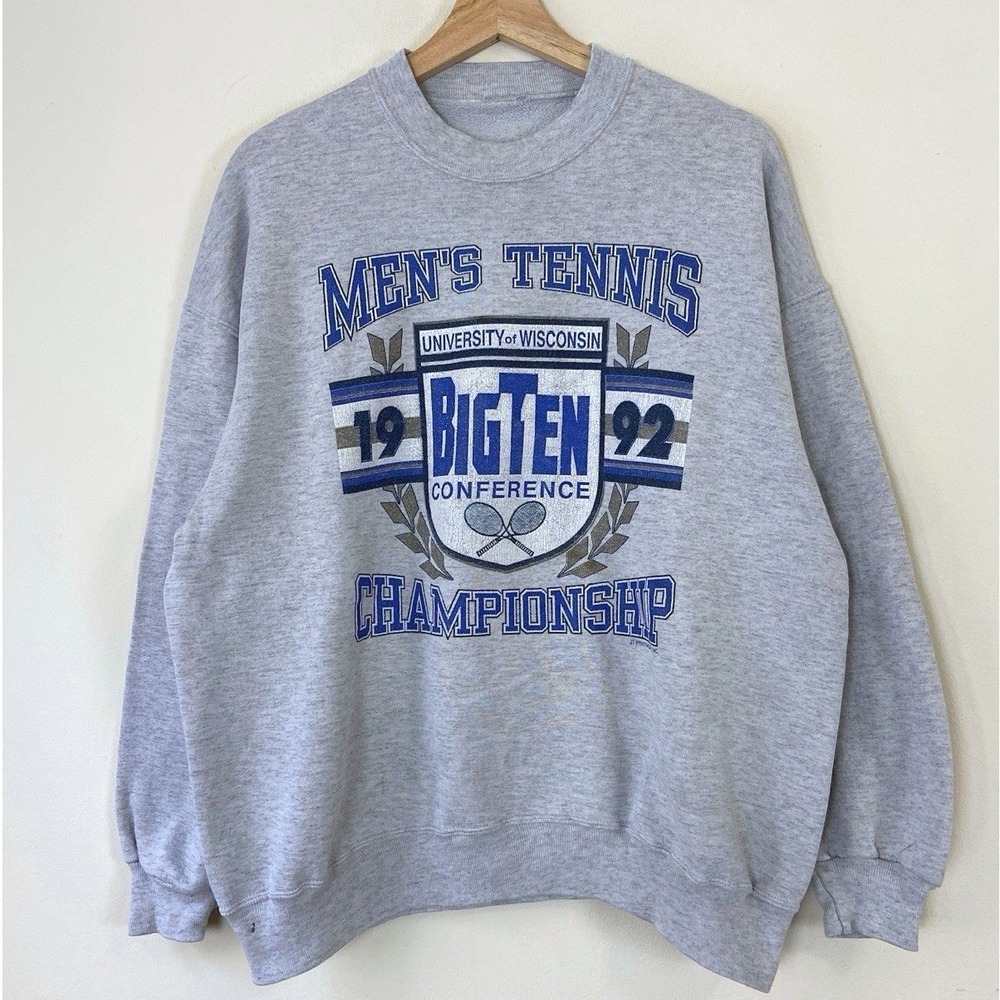 Vintage 90's University Of Wisconsin Tennis Championship Grey Sweatshirt - Large